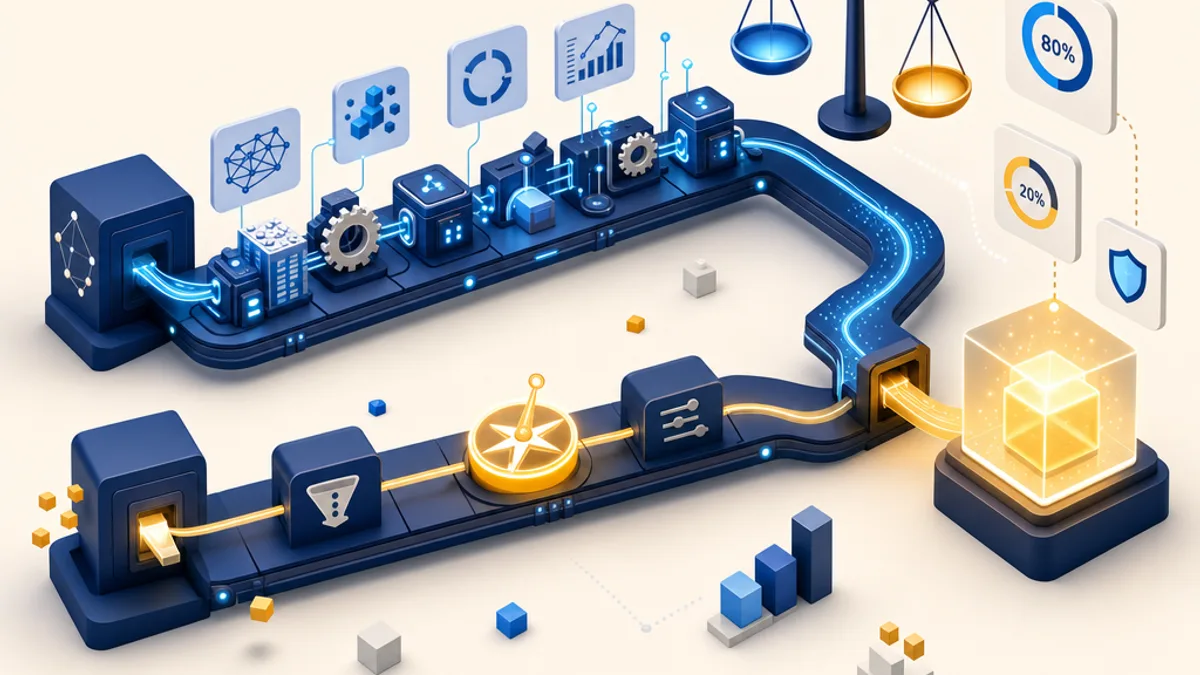 Illustrazione isometrica 3D del confronto tra agenzia di marketing AI-driven e agenzia tradizionale per una PMI in Ticino. Due linee di processo affiancate: una con nodi automatizzati collegati da flussi di dati che alimentano ricerca keyword, report e prime stesure, l'altra con pochi nodi e una figura che decide la strategia. Sopra le due linee, lo stesso risultato di marketing. Palette blu navy e crema con accenti ciano e ambra, stile infografica premium su sfondo chiaro.
