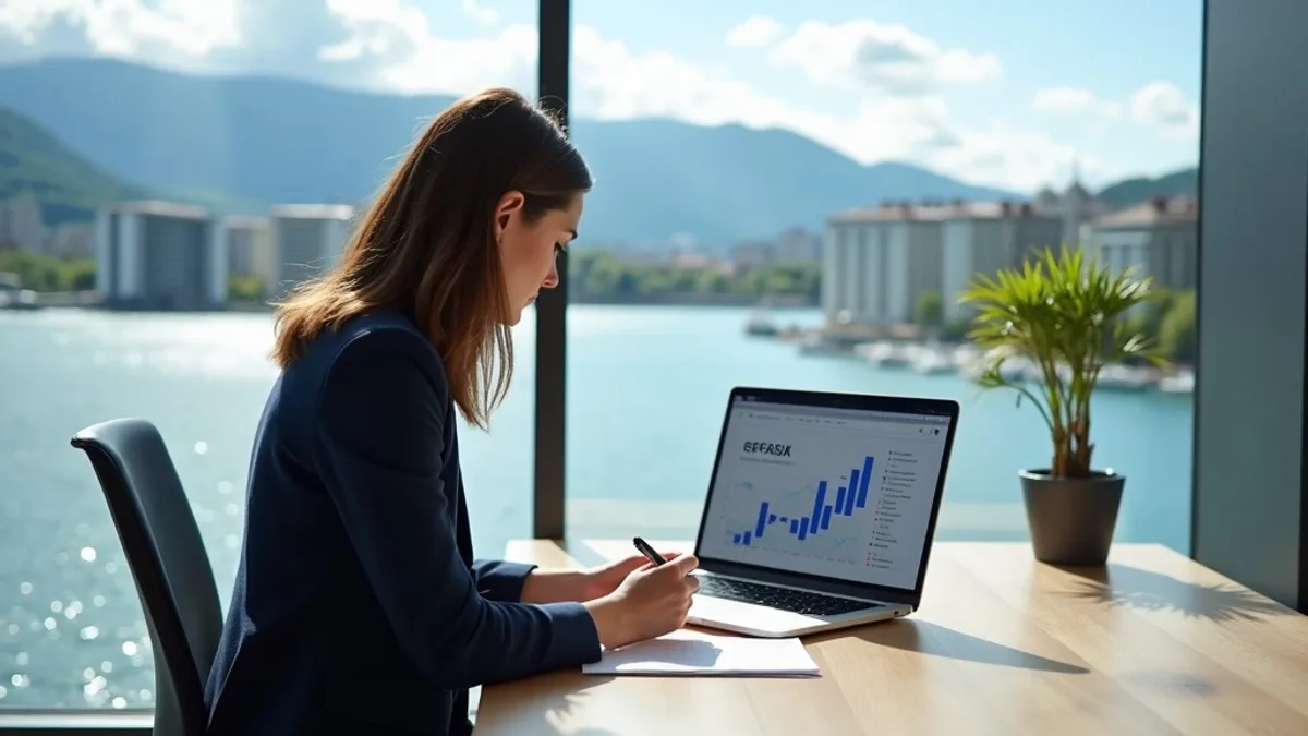 Decisor PMI luganese confronta proposte di agenzie marketing su MacBook in un ufficio con vista sul lago Ceresio