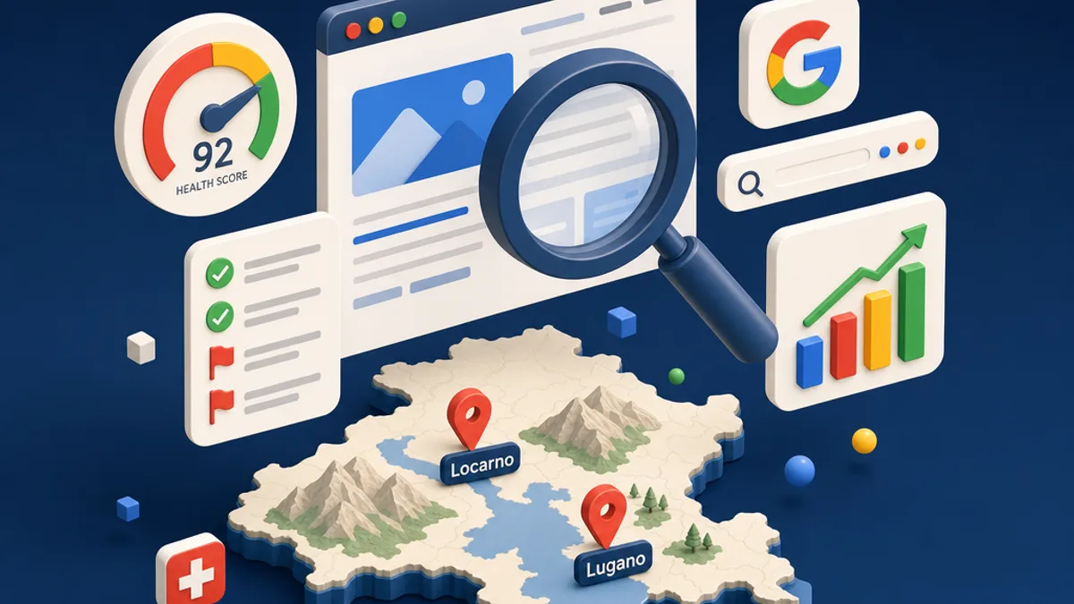 Audit SEO per PMI svizzere: lente di ingrandimento isometrica 3D che analizza un sito web con checklist, gauge di salute tecnica e icone di Google Search sopra una mappa del Ticino con Locarno e Lugano. Illustrazione del processo di analisi SEO per piccole e medie imprese in Svizzera italiana.
