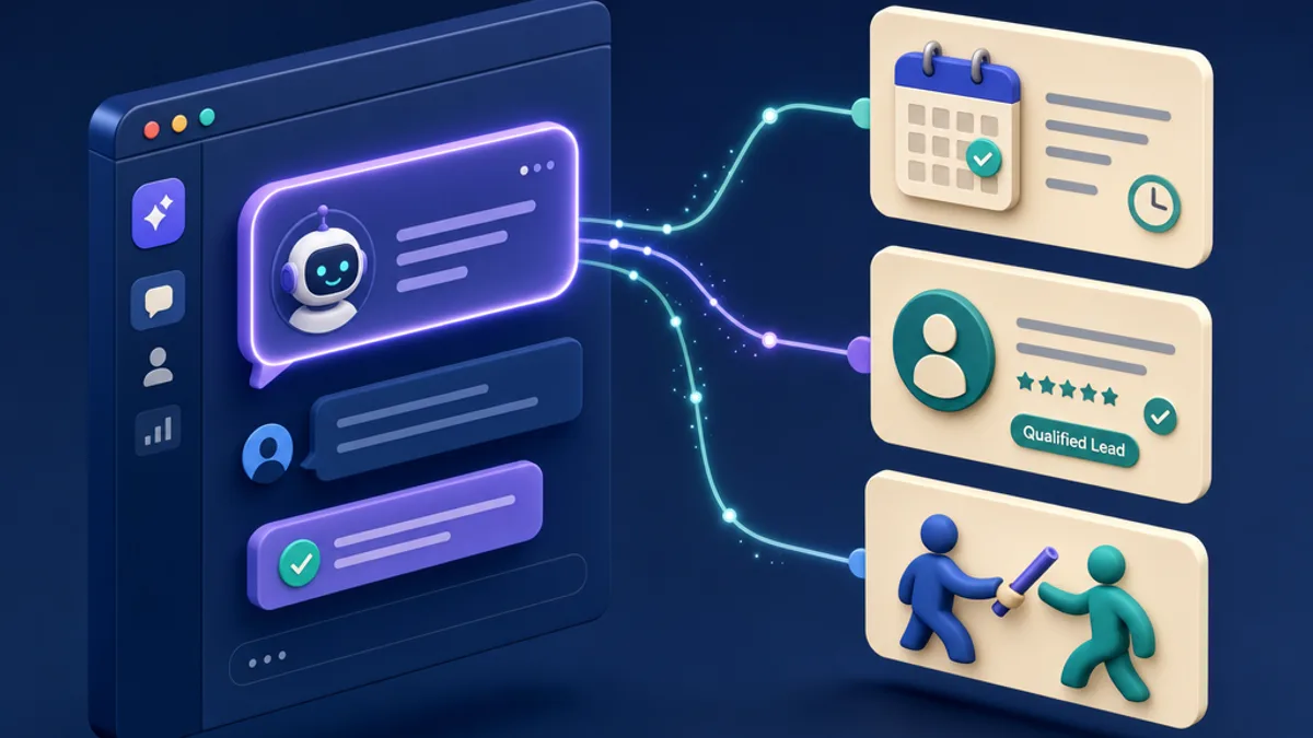 Illustrazione isometrica 3D di un chatbot AI e di un AI agent per il sito web aziendale di una PMI svizzera. Una finestra del browser con una bolla di conversazione AI e collegata da flussi di dati a un calendario di appuntamenti, a una scheda cliente e al passaggio della richiesta a una persona. Rappresenta un assistente virtuale che risponde alle domande, qualifica i lead e li passa al team per aziende di Locarno, Lugano e Bellinzona in Ticino. Palette blu navy e crema con accenti AI teal e viola.