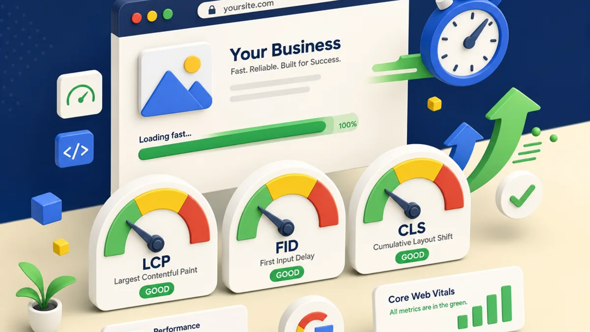 Illustrazione isometrica 3D di un cruscotto di performance web per PMI in Svizzera: tre indicatori Core Web Vitals (LCP, INP, CLS) come misuratori 3D fluttuanti in verde, giallo e rosso, con un sito web che si carica veloce e icone di velocità. Palette navy e crema con accenti Google, per aziende in Ticino a Locarno, Lugano e Bellinzona.