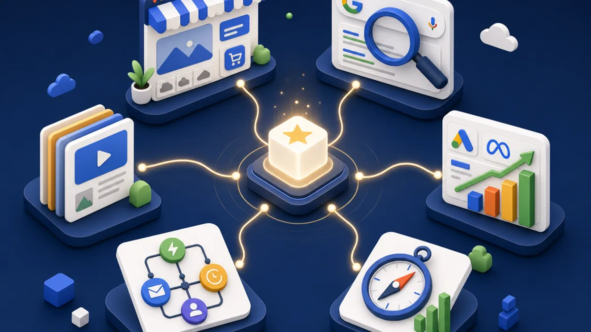 Illustrazione isometrica 3D dei servizi di un'agenzia di marketing per PMI in Ticino: sito web, SEO su Google, campagne Google e Meta Ads, contenuti e automazioni collegati tra loro. Elementi 3D fluttuanti in palette navy e crema con accenti Google e verde crescita, stile infografica premium.