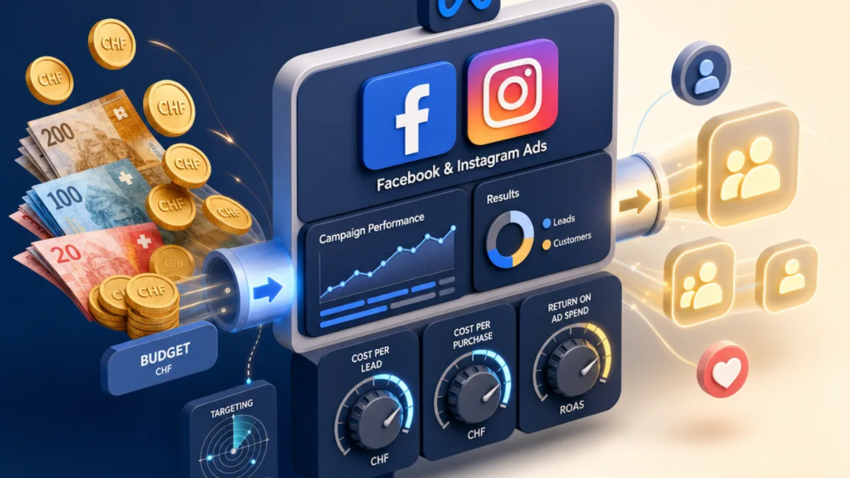 Illustrazione isometrica 3D di una dashboard pubblicitaria Facebook e Instagram con franchi svizzeri CHF che entrano come budget e icone di lead in uscita, tema costo Facebook Ads Svizzera per PMI a Locarno, Lugano e Bellinzona nel 2026. Stile marketing EcomRules agenzia Ticino.