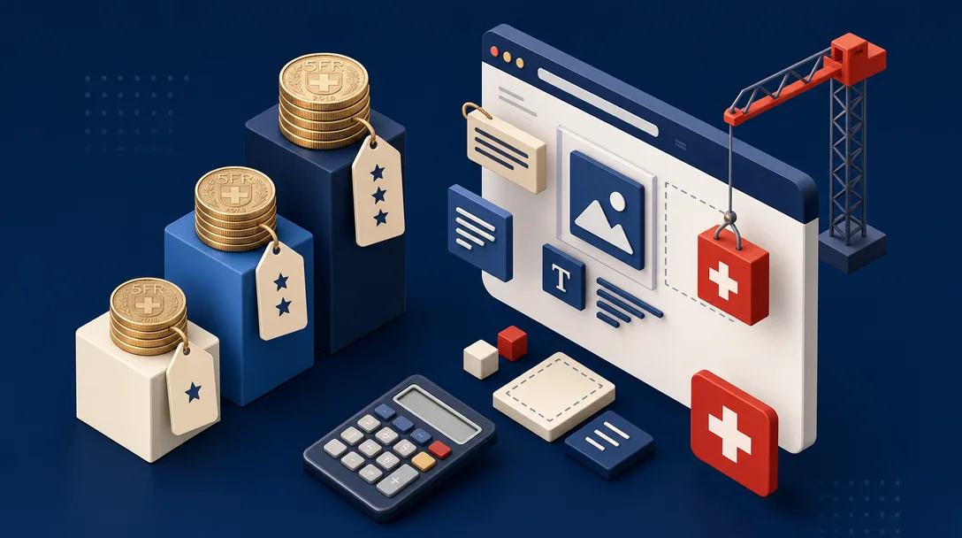 Illustrazione isometrica 3D con fasce di prezzo di un sito web in Svizzera: monete in franchi svizzeri, blocchi di pagine web e cartellini con costi in CHF per PMI in Ticino a Lugano, Bellinzona e Locarno. Confronto tra fascia base, professionale e avanzata per la creazione di un sito web nel 2026.