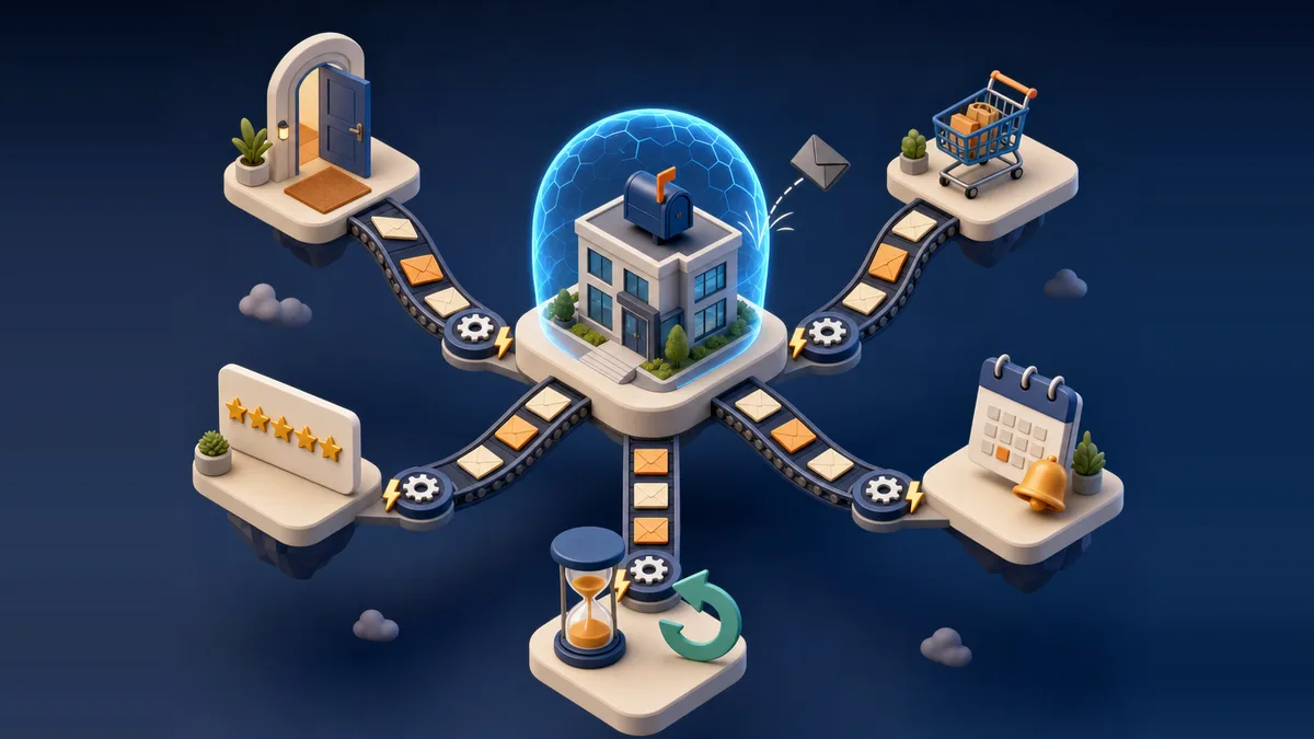 Illustrazione isometrica 3D dell'email automation per PMI svizzere e ticinesi. Al centro l'edificio di un'azienda con la casella di posta protetta da una cupola blu, che rappresenta il dominio email autenticato con SPF, DKIM e DMARC, mentre una busta grigia sospetta viene respinta. Dall'edificio partono cinque nastri trasportatori di buste arancioni, uno per ogni workflow, verso la porta del benvenuto, il carrello abbandonato, la scheda con cinque stelle delle recensioni, la clessidra della riattivazione e il calendario con la campanella dei promemoria.