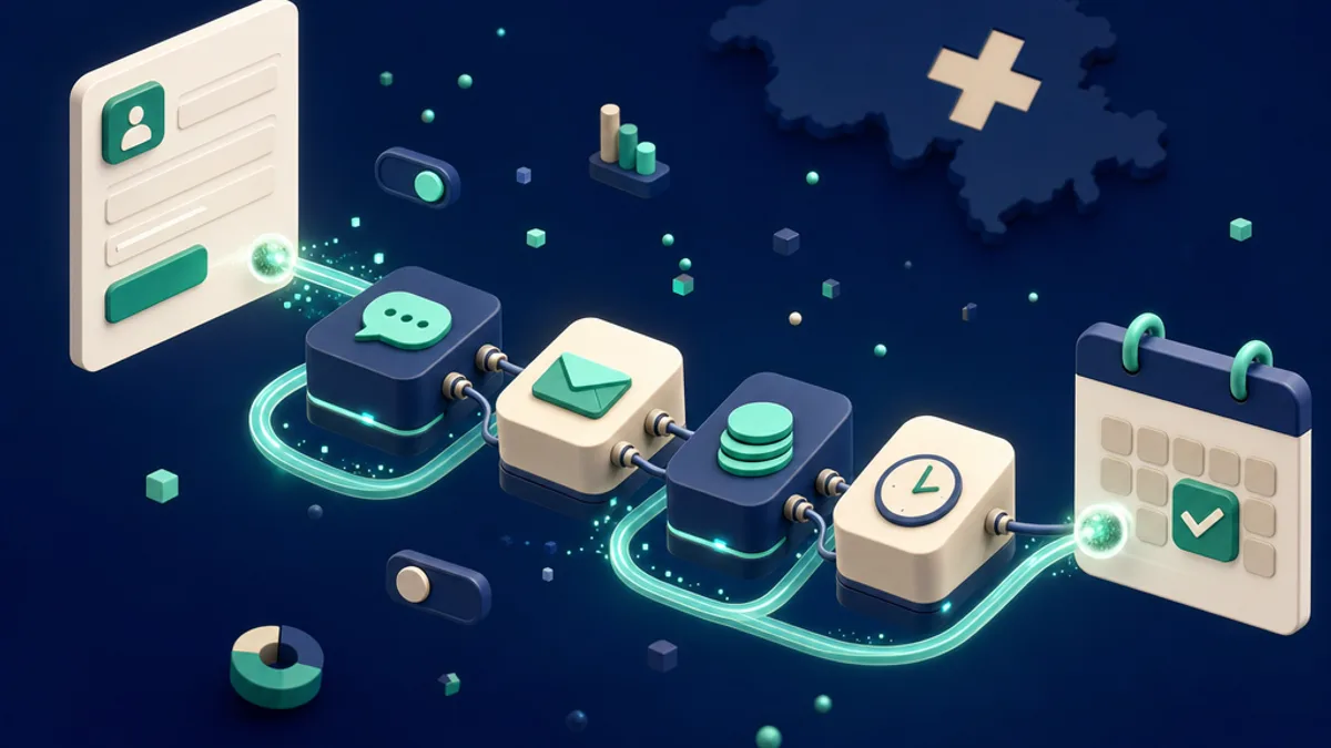 Illustrazione isometrica 3D di un flusso di marketing automation: un contatto entra da un modulo del sito, attraversa i nodi collegati di chat, email, database e promemoria, ed esce in un calendario con appuntamento confermato.