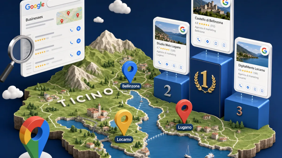 Guida alla SEO locale per PMI svizzere: mappa isometrica del Ticino con pin di Locarno, Lugano, Bellinzona e schede Google Business Profile che salgono nel Local Pack. Illustrazione del processo di ottimizzazione locale per farsi trovare su Google e Maps in Svizzera italiana.