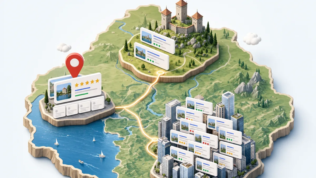 Illustrazione isometrica 3D della SEO in Ticino nelle tre città di Lugano, Locarno e Bellinzona. A sud la piattaforma di Lugano è affollata di grattacieli e di molte schede di risultati di ricerca che si contendono lo spazio. A ovest, sul Lago Maggiore, Locarno ha un grande segnaposto delle mappe con cinque stelle e una scheda Google che domina una fila di risultati quasi vuota. A nord i tre castelli di Bellinzona hanno solo due piccole schede e molto spazio libero, a indicare una concorrenza bassa.