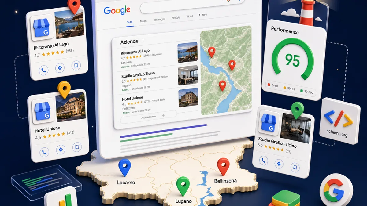 Guida SEO Ticino per PMI svizzere a Locarno, Lugano, Bellinzona: ottimizzazione Google, Core Web Vitals, Google Business Profile, Lighthouse e schema LocalBusiness