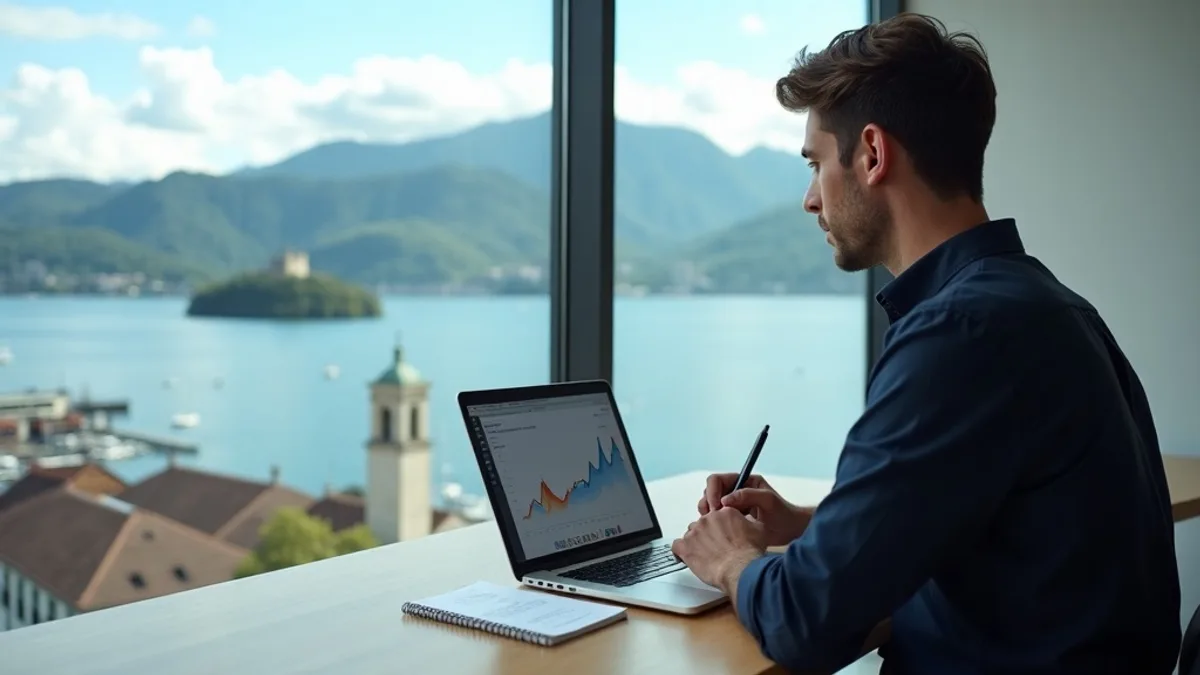 Imprenditore PMI ticinese analizza dashboard SEO con grafici di ranking Google su monitor in ufficio di Locarno con vista sul lago Maggiore