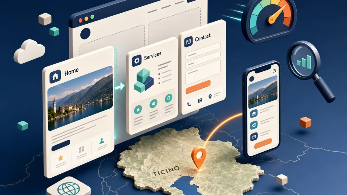 Guida al sito web per PMI in Ticino: illustrazione isometrica 3D di un sito web professionale con pagine fluttuanti, versione mobile, indicatori di velocita e SEO e un pin di localizzazione collegato alla mappa, per piccole imprese a Locarno, Lugano, Bellinzona e Mendrisio.