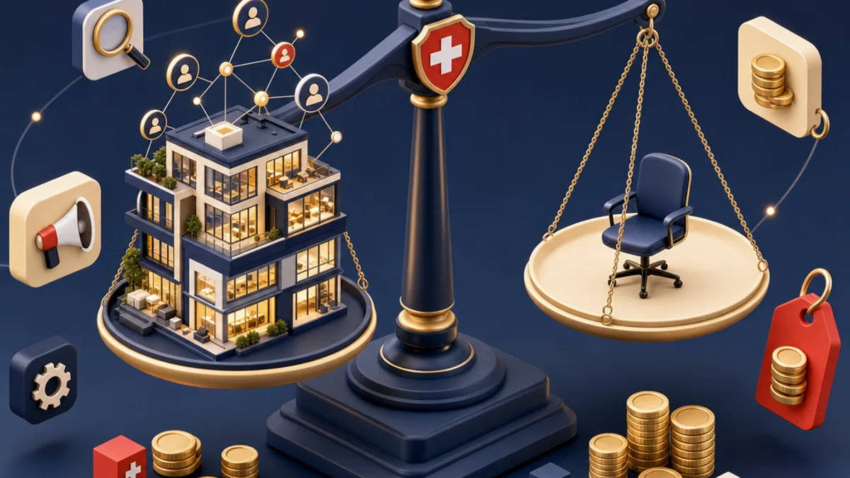 Isometrische 3D-Illustration zu den Kosten einer Werbeagentur in der Schweiz: schwebende Preisschilder mit CHF-Beträgen, eine Waage, die eine Agentur gegen eine eigene Anstellung abwägt, und Marketing-Symbole für SEO, Werbung und Automatisierung. Guide für Schweizer KMU 2026.