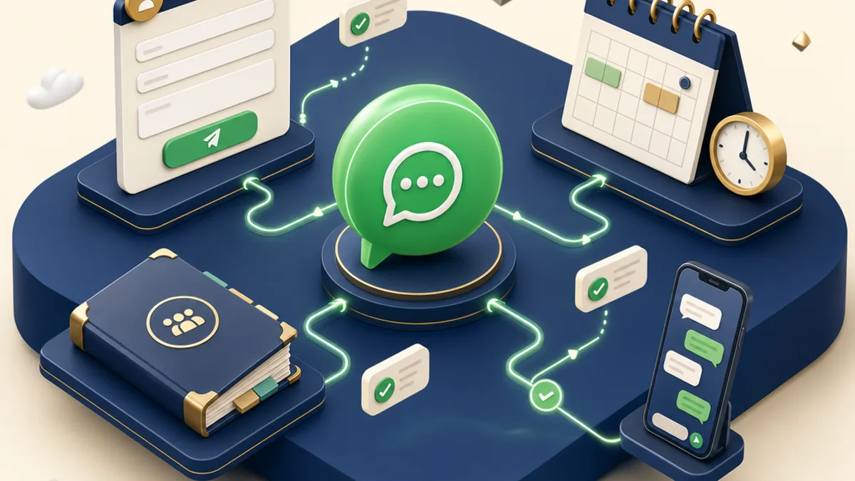 Illustrazione isometrica 3D dell'automazione WhatsApp Business per PMI svizzere e ticinesi: una bolla di chat verde al centro collegata da flussi di dati a un modulo web, a un calendario di appuntamenti e a un gestionale. Rappresenta la WhatsApp Business API che collega il sito, l'agenda e il registro clienti di una piccola azienda di Locarno, Lugano o Bellinzona, con notifiche automatiche che partono da sole.