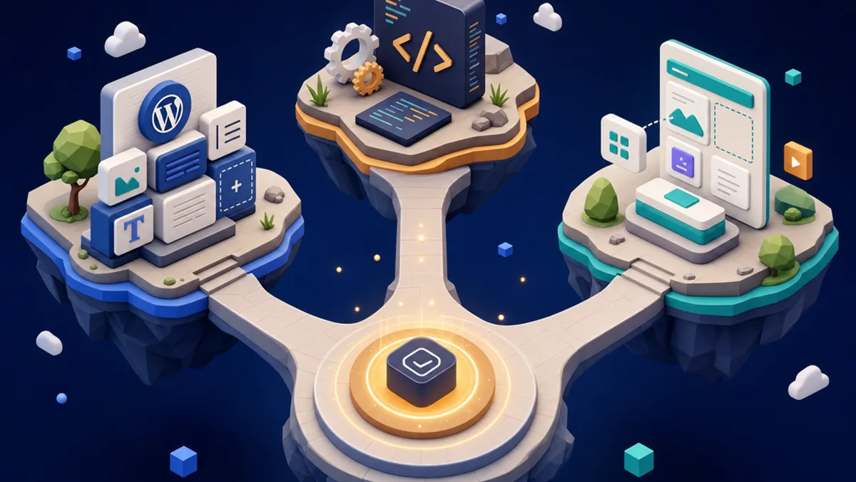 Illustrazione isometrica 3D che confronta tre strade per costruire un sito web per PMI in Svizzera: il logo WordPress su un blocco a moduli, un blocco di codice su misura e una piattaforma no-code in stile Wix, Squarespace e Webflow. Elementi 3D fluttuanti in palette navy e crema con un bivio a tre vie, per aziende in Ticino a Locarno, Lugano e Bellinzona.